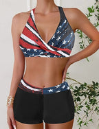 Swimwear 2 Piece Shorts Swimsuit Backless Vacation Beach Wear Geometic V Neck Sleeveless Bathing Suits