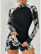 Tankini 2 Piece Swimsuit Shorts Tummy Control High Waist Slim Backless Vacation Beach Wear Leaves High Neck Long Sleeve Bathing Suits