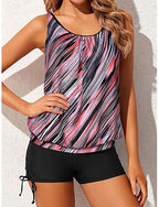 Tankini 3 Piece Swimsuit Shorts Tummy Control High Waist Slim Backless Vacation Beach Wear Graphic Geometric U Neck Sleeveless Bathing Suits