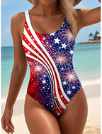 Independence Day American Swimwear One Piece High Cut Swimsuit Beach Wear Summer Graphic Flag U Neck Sleeveless Bathing Suits
