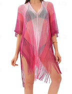 Swimwear Cover Up Swimsuit Fringe Hem Cut Out Vacation Beach Wear Ombre V Neck Short Sleeves Bathing Suits