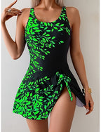 One Piece Swimsuit With Skirt Monokini High Cut Tummy Control High Waist Slim Backless Vacation Graphic U Neck Sleeveless Bathing Suits