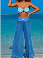 Swimwear Three Piece Pant Swimsuit Ruched Backless Vacation Beach Wear Plain Strapless Sleeveless Bathing Suits
