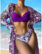 Swimwear Bikini Three Piece High Waist Swimsuit Slim Backless Vacation Beach Wear Tropical V Neck Sleeveless Long Sleeve Bathing Suits