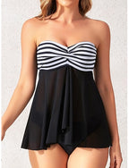 Tankini 2 Piece Swimsuit Underwire Colorblock Cheeky Tummy Control High Waist Slim Backless Vacation Beach Wear Striped Strapless Sleeveless Bathing Suits