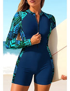 Regular Rash Guard One Piece Surfing Suit Bathing Suit Tropical Color-blocking Zip Up With Built in Bra Removable Pad Uv Sun Protection Upf50+ Ultra Light (ul) Long Sleeve Swimwear