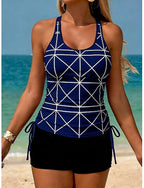Swimwear Tankini 2 Piece High Waist Swimsuit Tummy Control High Waist Slim Backless Vacation Beach Wear Geometic U Neck Sleeveless Bathing Suits