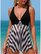 Swimwear Tankini 2 Piece Briefs Swimsuit Tummy Control High Waist Slim Backless Vacation Beach Wear Striped V Neck Sleeveless Bathing Suits