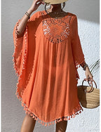 Swimwear Cover Up Rash Guard Dress Swimsuit Ruched Cut Out Vacation Color Round Neck Long Sleeve Bathing Suits