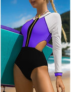 One Piece Swimsuit Cut Out Bodysuit Bathing Suit Patchwork Swimwear Blue Black Uv Sun Protection Breathable Quick Dry Long Sleeve - Swimming Surfing Beach Autumn / Fall Spring / Summer