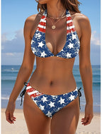 Independence Day Patriotic Swimsuits Bikini 2 Piece Cheeky Swimsuit Backless Slim Vacation Beach Wear Graphic Flag V Neck Sleeveless Bathing Suits