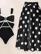 One Piece Swimsuit Monokini Skirt Tummy Control High Waist Slim Backless Vacation Beach Wear Polka Dot V Neck Sleeveless Bathing Suits