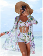 Bikini 3 Piece Swimsuit Shorts Slim Backless Vacation Beach Wear Graphic V Neck Sleeveless Long Sleeve Bathing Suits