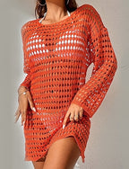 Swimwear Cover Up Swim Dress Swimsuit Cut Out Vacation Beach Wear Plain Round Neck Long Sleeve Bathing Suits