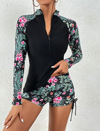 Rash Guard Swimsuit Swim Shorts Printed 2 Piece Front Zip Quick Dry Lightweight Breathable Long Sleeve Swimwear Swimsuit Surfing Beach Water Sports Summer