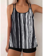 Tankini 2 Piece Swimsuit Boy Leg Tummy Control High Waist Slim Backless Vacation Beach Wear Geometric Striped Halter Neck Sleeveless Bathing Suits