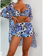 Bikini 3 Piece Swimsuit Underwire Leopard Shorts Slim Backless Vacation Beach Wear V Neck Sleeveless Bathing Suits