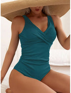 One Piece Swimsuit Slimming Ruched Monokini Tummy Control High Waist Slim Backless Vacation Beach Wear Color V Neck Sleeveless Bathing Suits