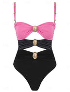 One Piece Swimsuit Ruched Cutout Underwire Monokini Tummy Control High Waist Slim Backless Vacation Beach Wear Color Block V Neck Sleeveless Bathing Suits