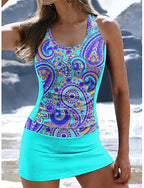 Swimwear Tankini 2 Piece Skirt Swimsuit Ruched Vacation Beach Wear Graphic Paisley U Neck Sleeveless Bathing Suits