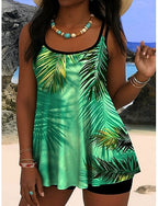 Tankini 2 Piece Swimsuit Palm High Waist Backless Vacation Beach Wear Graphic Geometic U Neck Sleeveless Bathing Suits
