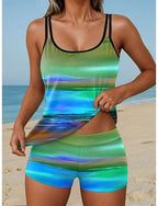 Tankini 2 Piece Swimsuit High Waist Backless Vacation Beach Wear Ombre Graphic U Neck Sleeveless Bathing Suits