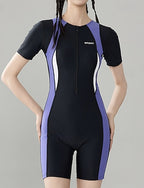 Rash Guard One Pieces Patchwork Zip Up Uv Protection Elastic Short Sleeve Swimwear Swimsuit Surfing Snorkeling Swimming Summer