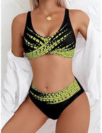 Bikini 2 Piece Swimsuit High Waist Stylish Graphic Striped V Neck Sleeveless Bathing Suits