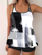 Swimwear 2 Piece Shorts Swimsuit Backless Vacation Beach Wear Graphic U Neck Sleeveless Bathing Suits