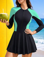 Rash Guard Bathing Suit One Pieces Patchwork Zip Up Uv Protection Elastic Long Sleeve Swimwear Swimsuit Surfing Scuba Swimming Summer