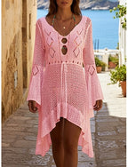 Swimwear Cover Up Swim Dress Swimsuit Cut Out Vacation Beach Wear Color V Neck Long Sleeve Bathing Suits