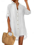 Mini Dress White Dress Beach Dress Black Dress Shirt Dress Classic Daily Outdoor Beach Loose Fit Plain 3/4 Length Sleeve Shirt Collar Black White Summer Spring