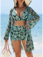 Bikini 3 Piece Swimsuit Palm Shorts Slim Backless Vacation Beach Wear Leaves V Neck Sleeveless Bathing Suits