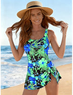 One Piece Swimsuit Palm Skirt Vacation Graphic U Neck Sleeveless Bathing Suits