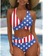 Swimwear Bikini Briefs Swimsuit Vacation Graphic Flag V Neck Sleeveless Bathing Suits