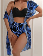 Bikini 3 Piece Swimsuit Palm Briefs Slim Backless Vacation Beach Wear Leaves V Neck Sleeveless Bathing Suits