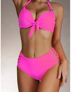 Swimwear Bikini 2 Piece Swimsuit Cut Out Backless Vacation Beach Wear Plain Halter Neck Sleeveless Bathing Suits