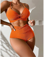 Bikini 2 Piece Swimsuit Ruched Underwire Briefs Slim Backless Vacation Beach Wear Color V Neck Sleeveless Bathing Suits