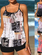 Tankini 2 Piece Swimsuit Shorts Tummy Control High Waist Slim Backless Vacation Beach Wear Paisley U Neck Sleeveless Bathing Suits