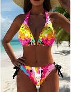 Bikini 2 Piece Swimsuit Cheeky Slim Backless Vacation Beach Wear Graphic Geometric V Neck Sleeveless Bathing Suits