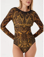 One Piece Swimsuit Slimming Cutout Monokini Tummy Control High Waist Slim Backless Vacation Graphic Geometic Round Neck Long Sleeve Bathing Suits
