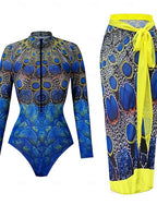One Piece Swimsuit Slimming With Skirt Monokini Skirt Tummy Control High Waist Slim Backless Vacation Beach Wear Graphic Color Block Round Neck Long Sleeve Bathing Suits