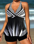 Swimwear 2 Piece Shorts Swimsuit Backless Vacation Beach Wear Graphic V Neck Sleeveless Bathing Suits