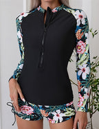 Rash Guard Swimsuit Patchwork Printed 2 Piece Front Zip Quick Dry Lightweight Breathable Long Sleeve Swimwear Swimsuit Surfing Beach Water Sports Summer