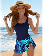 One Piece Swimsuit Palm Skirt Vacation Graphic Tropical U Neck Sleeveless Bathing Suits
