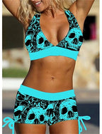Bikini 2 Piece Swimsuit Open Back Printing Skull White Blue Purple Red V Wire Bathing Suits New Vacation Holiday / Modern / Letter / Flower / Padded Bras