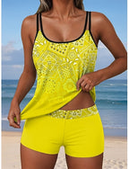 Tankini 2 Piece Swimsuit Shorts Backless Vacation Beach Wear Ombre Graphic U Neck Sleeveless Bathing Suits
