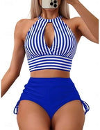 Bikini 2 Piece Swimsuit Colorblock Briefs Slim Backless Vacation Beach Wear Striped Halter Neck Sleeveless Bathing Suits