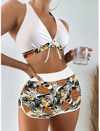 Bikini 2 Piece Swimsuit Palm Shorts Backless Slim Vacation Beach Wear Halter Neck Sleeveless Bathing Suits