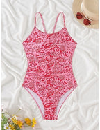 One Piece Swimsuit Slimming Palm Monokini Tummy Control High Waist Slim Backless Vacation Beach Wear Round Neck Sleeveless Bathing Suits
